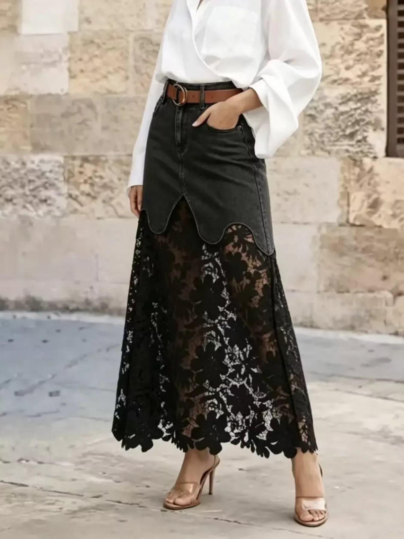 Trendsi Lace Trimmed Slit Skirt -