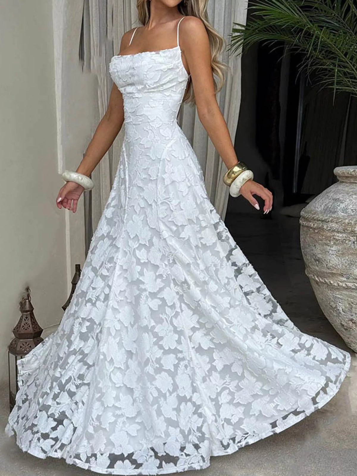 Cowl neck spaghetti-strap maxi dress, front view on model
