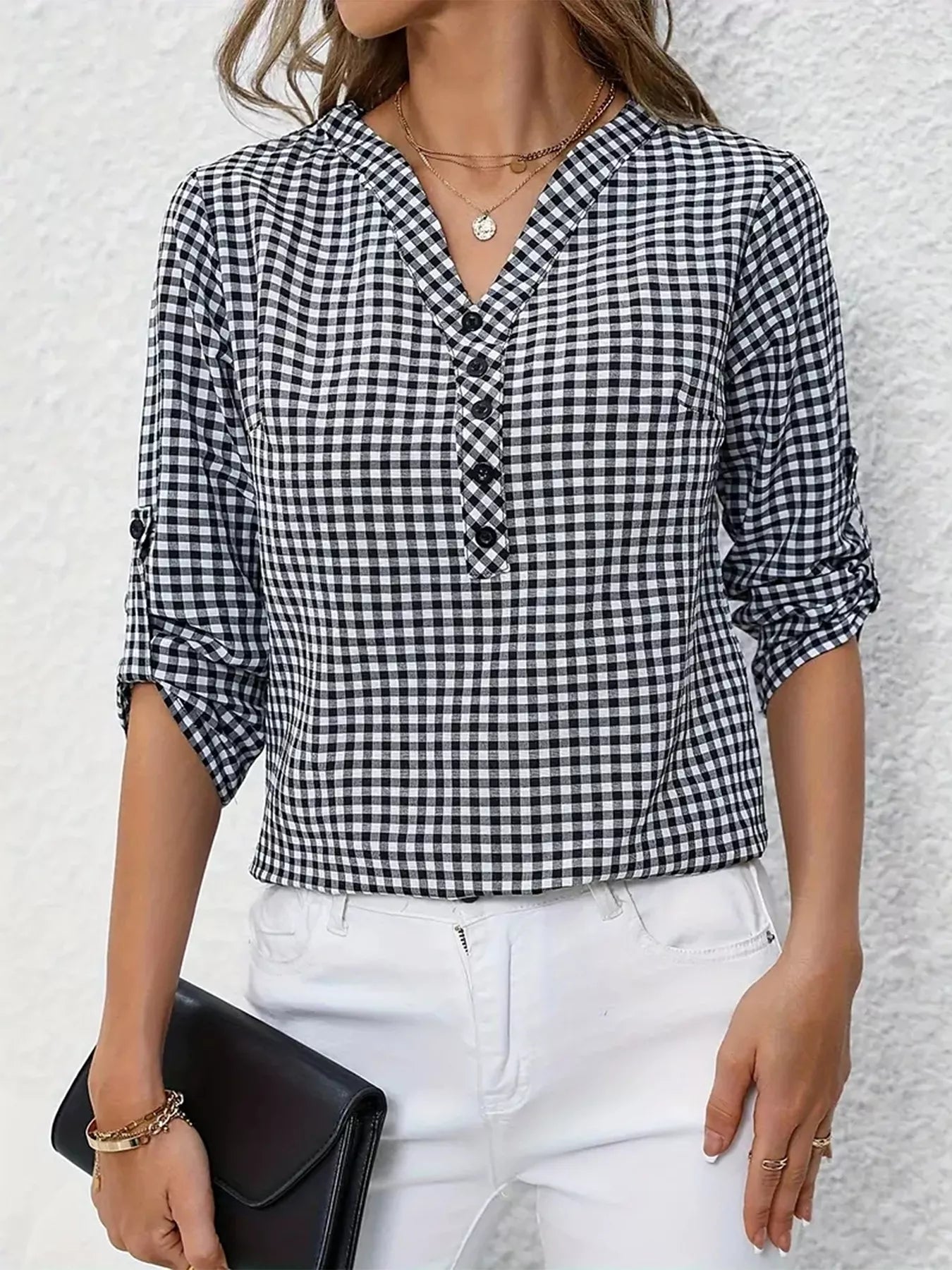Trendsi Gingham Button Detail Blouse -