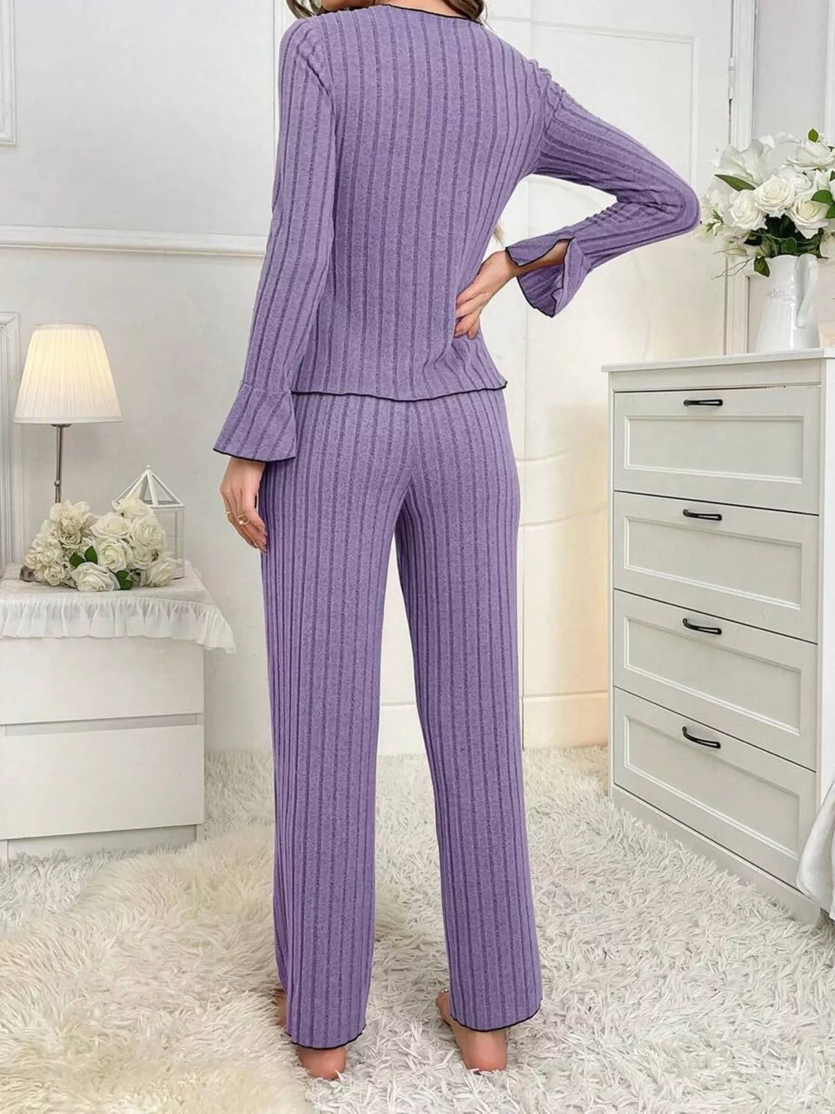 Women's Contrast Bow Detail Top and Pants Lounge Set in Purple, back view