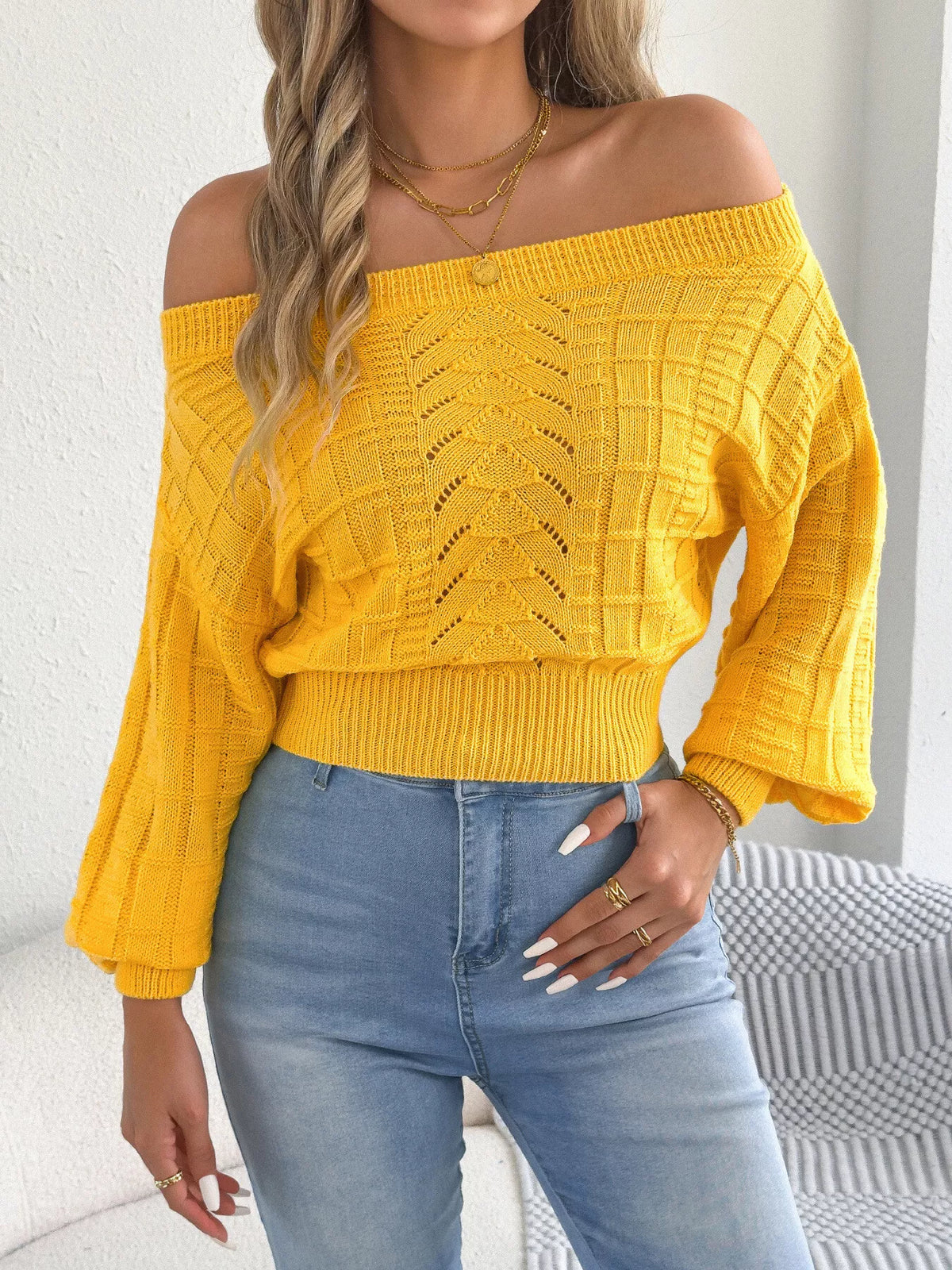 Yellow off-shoulder openwork cropped sweater