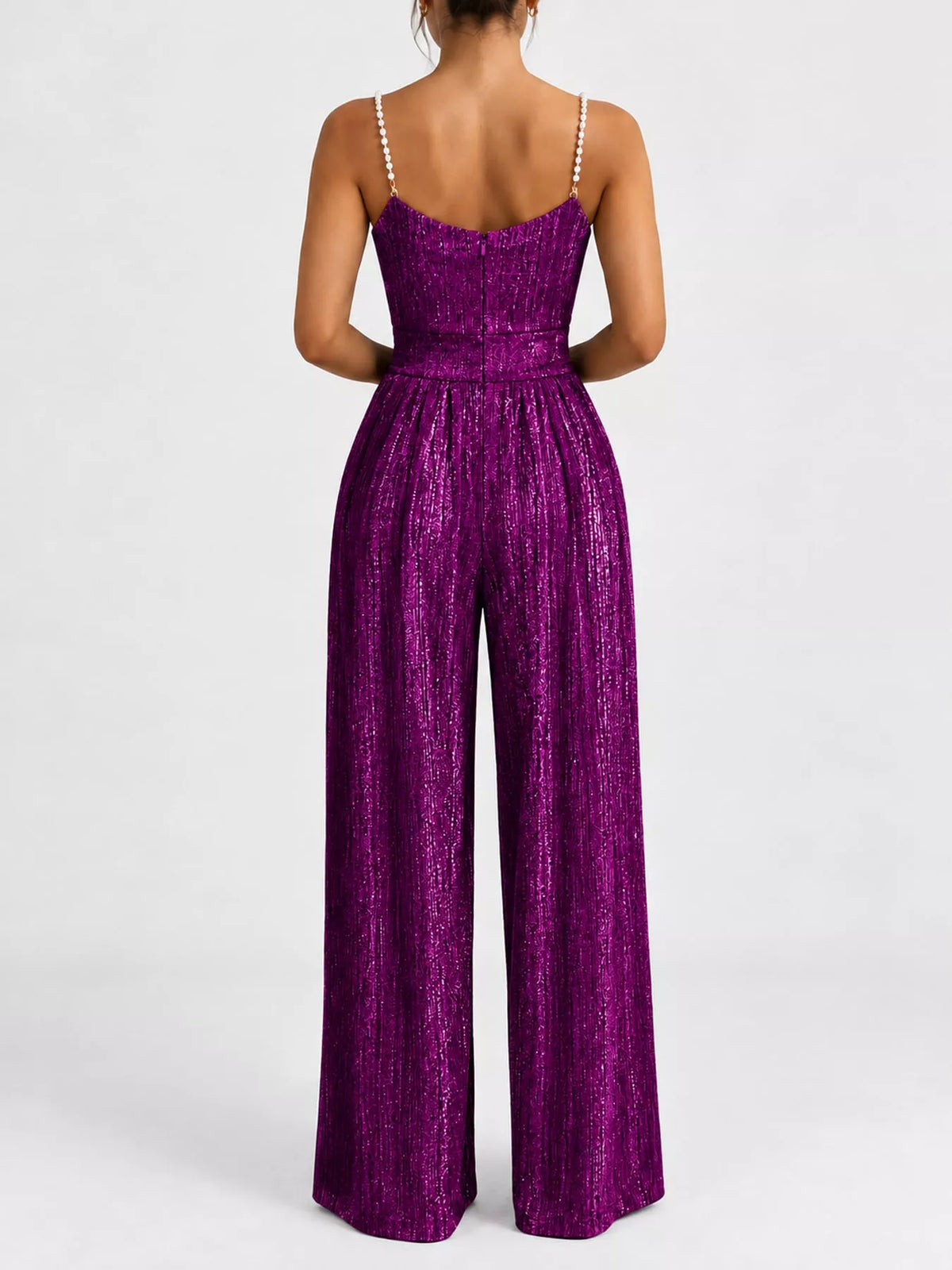 Metallic Wide-Leg Jumpsuit with Pearl Strap Detail, back view in purple