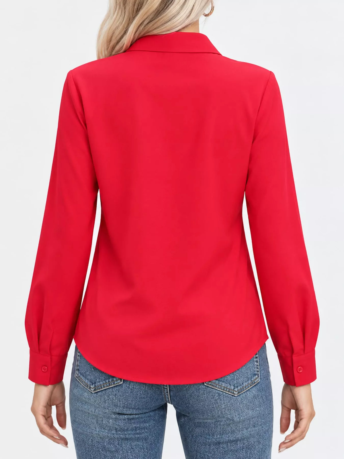 Red button-down long sleeve shirt, back view