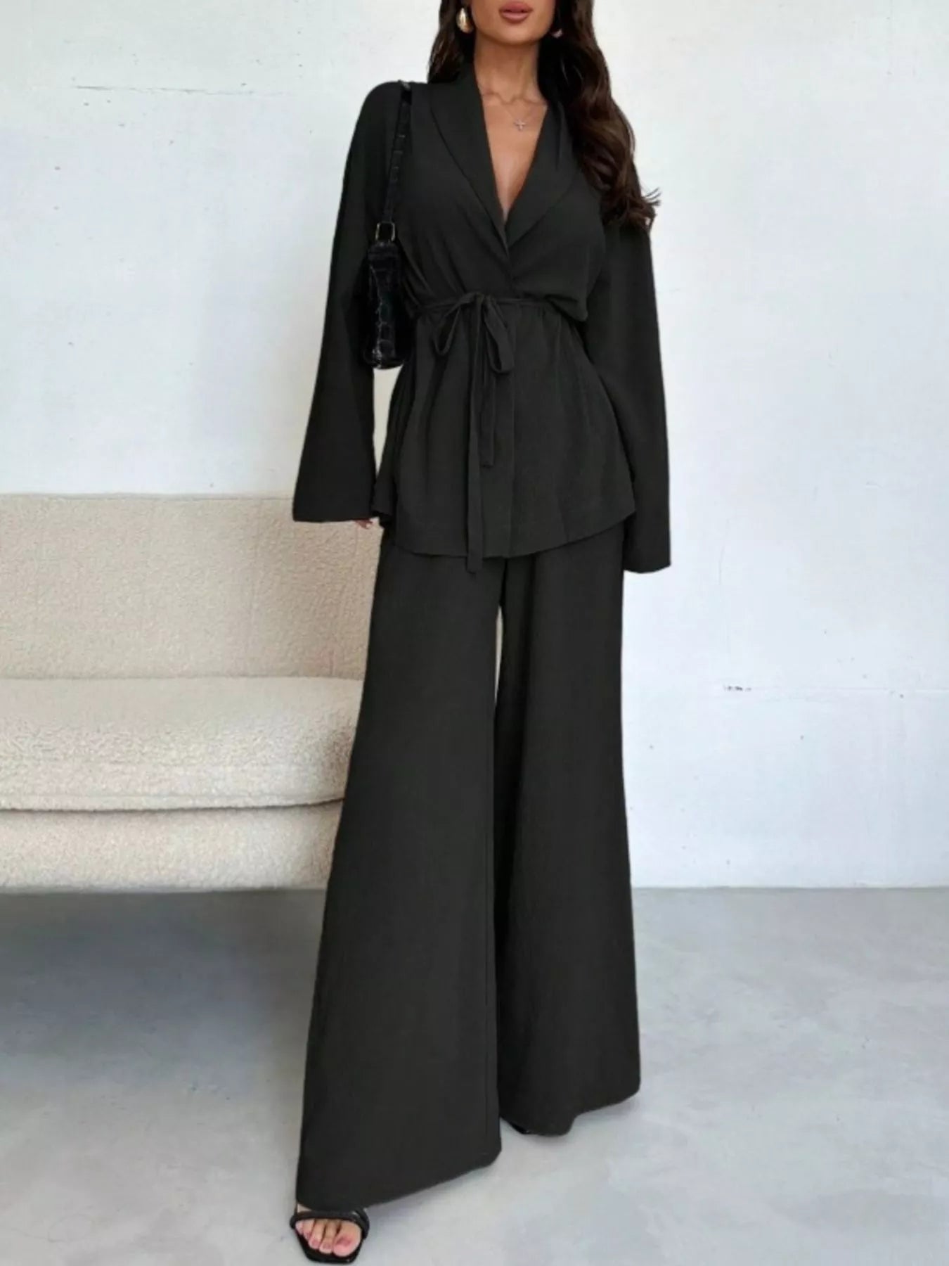 Trendsi Textured Tie Waist Top and Wide-Leg Pants Set -