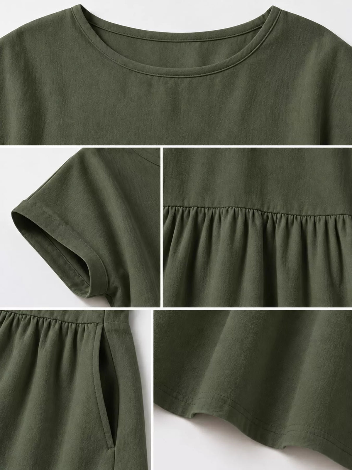 Round neck short sleeve midi dress, construction and design details