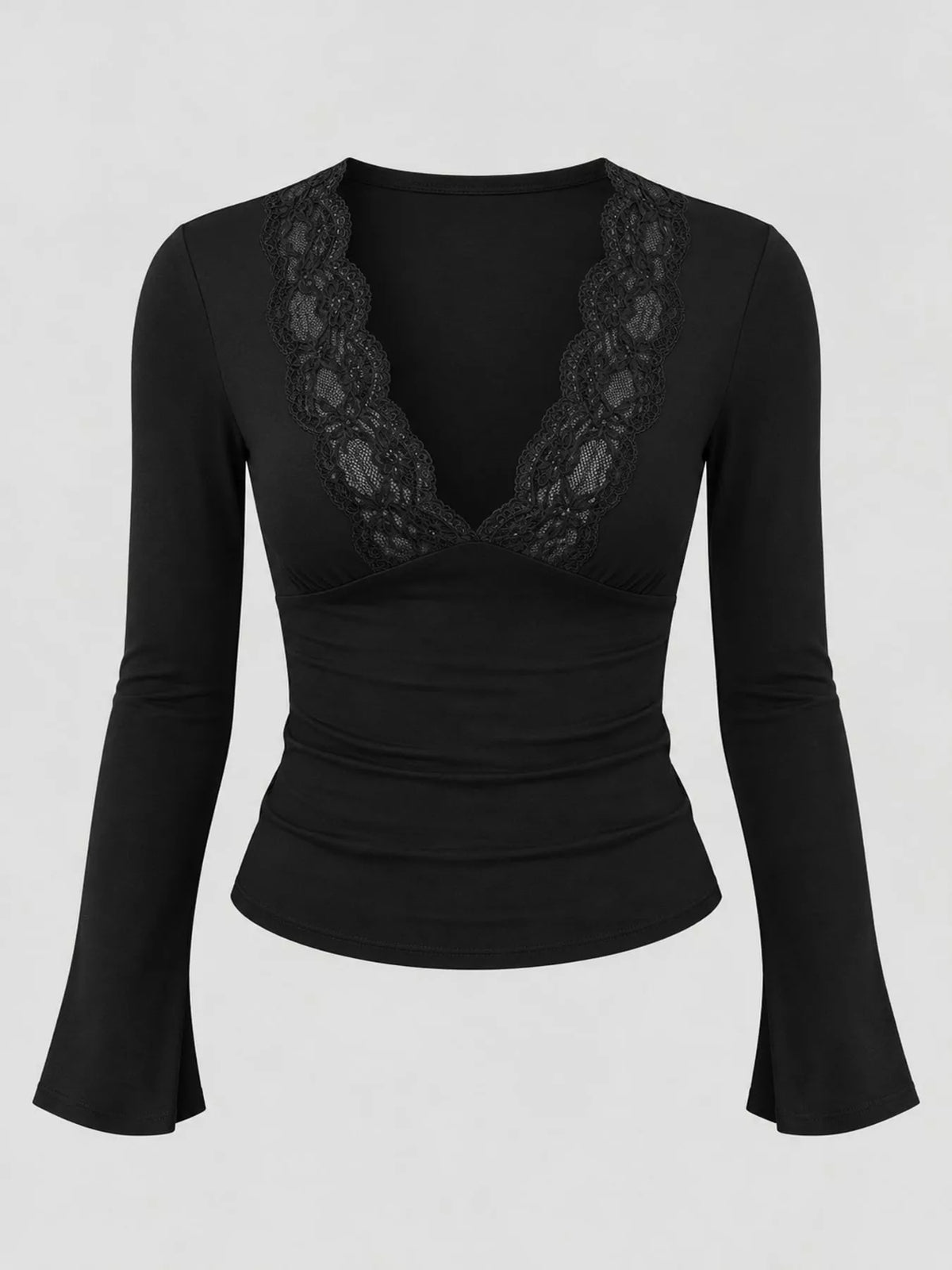 Black lace trim v-neck long sleeve slim fit t-shirt