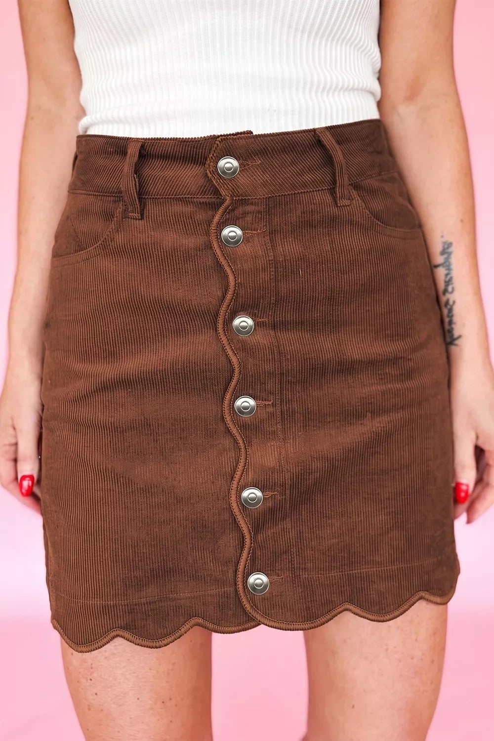 Trendsi Button Front Corduroy Mini Pockets Sheath Silhouette Skirt -