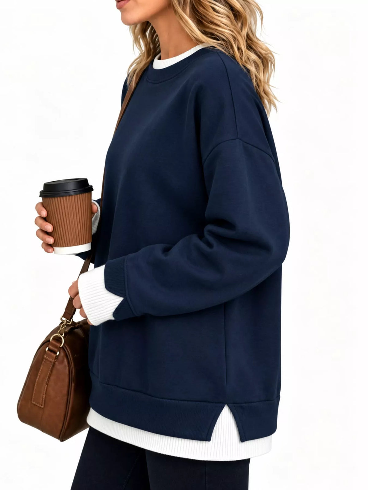 Layered Look Crew Neck Sweatshirt in navy, side view