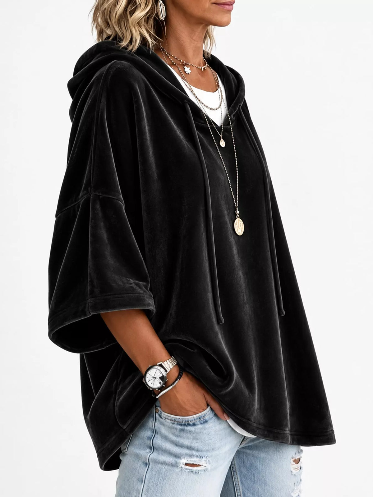 Black velvet half sleeve hoodie with drawstring, side view