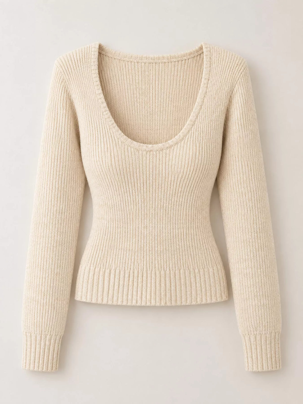 Cream scoop neck ribbed knit slim fit sweater, front view