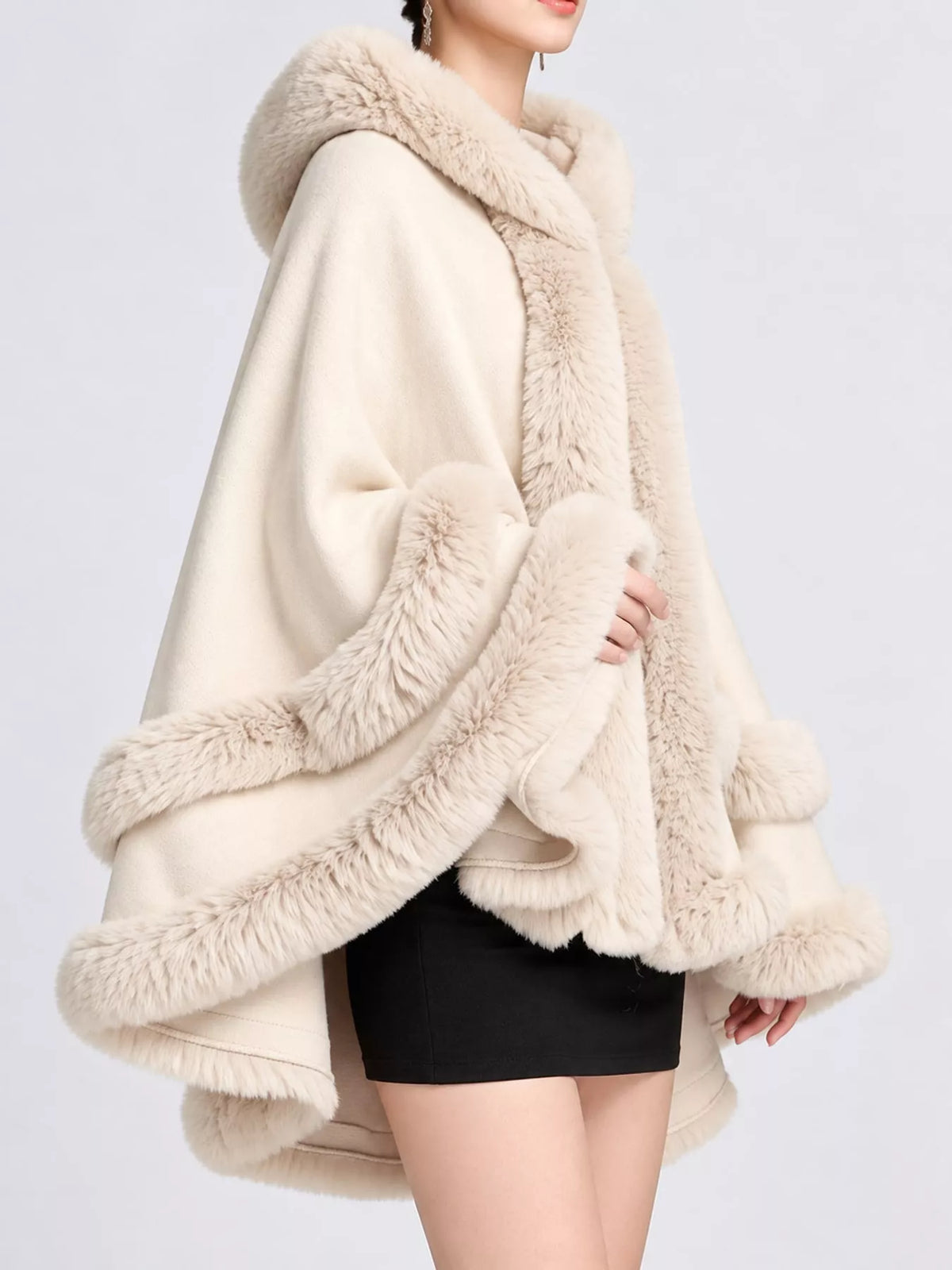 Faux-fur-trim cape, cream side