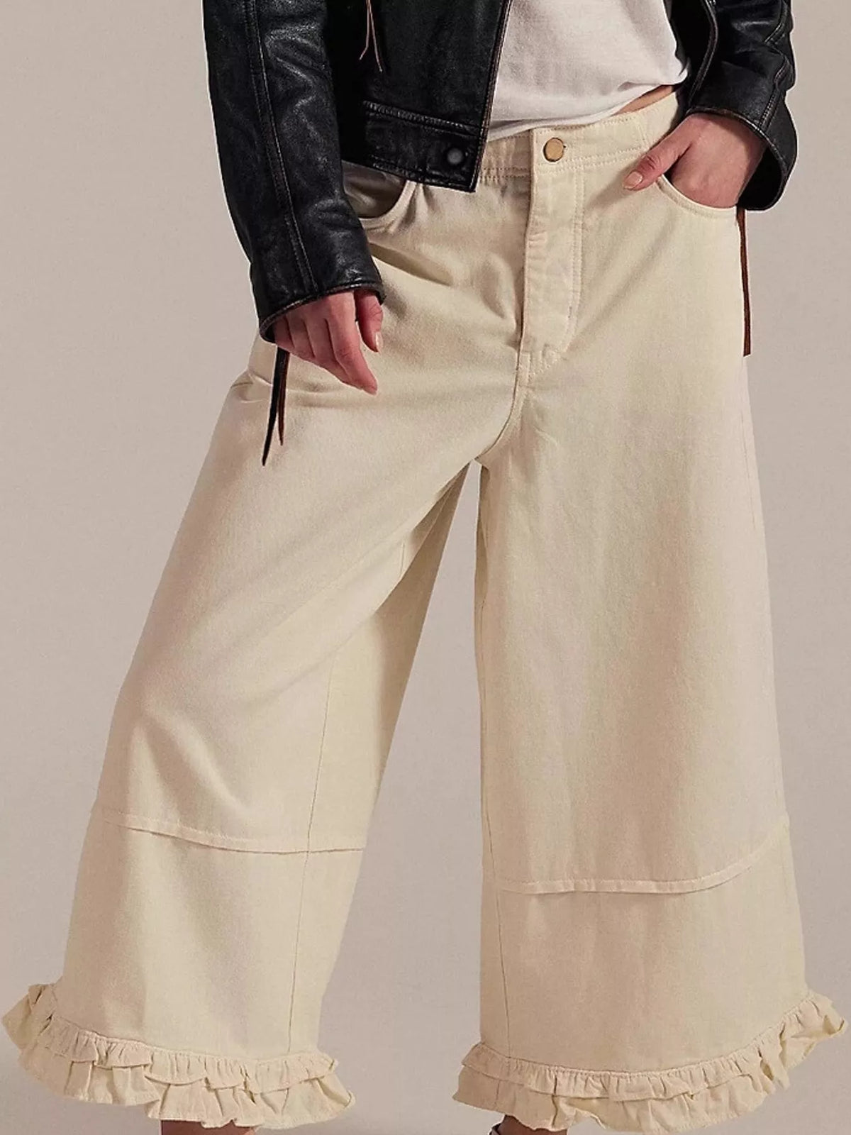 Cream wide-leg ruffle-hem jeans