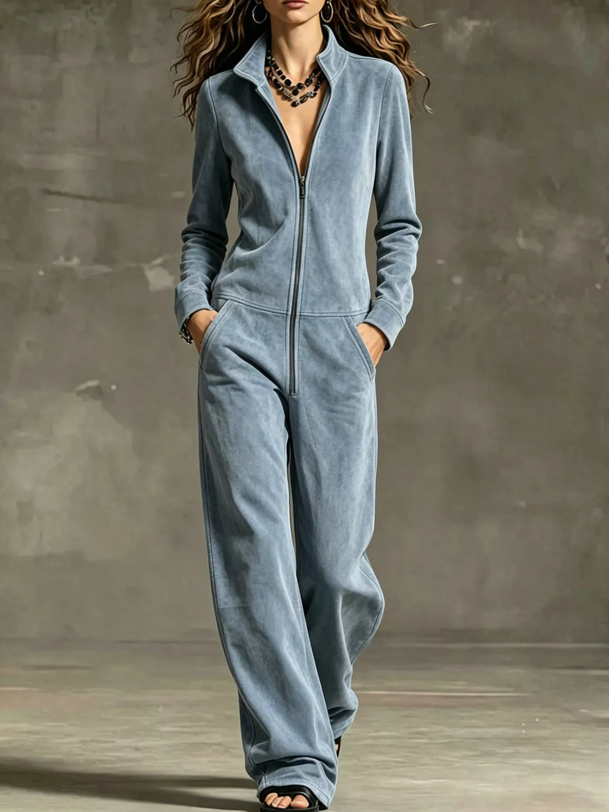 Velour Zip-Up Jumpsuit with Pockets, front view
