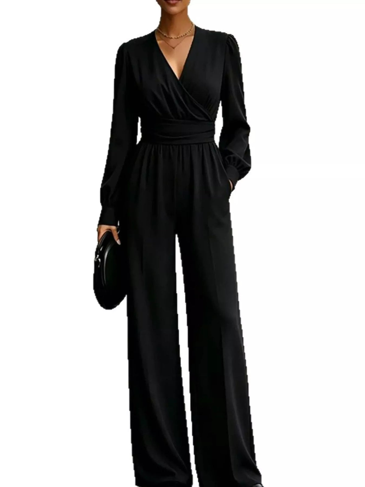 Surplice Long Sleeve Wide-Leg Jumpsuit in black, front view