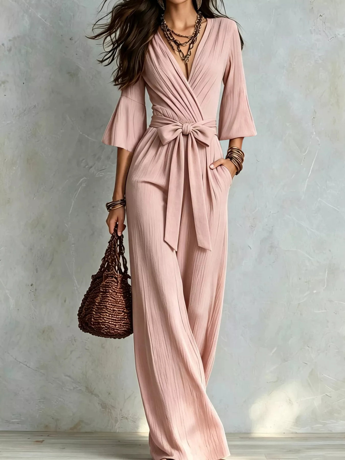 Pink pleated wide-leg jumpsuit with tie-waist