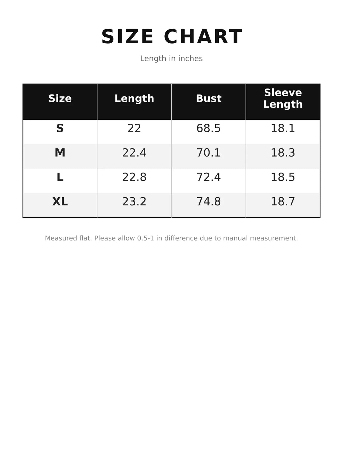 Size chart for elastic hem batwing sleeve jacket