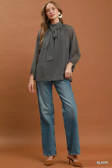 Trendsi Umgee Dot Print Tie Neck Long Sleeve Blouse -