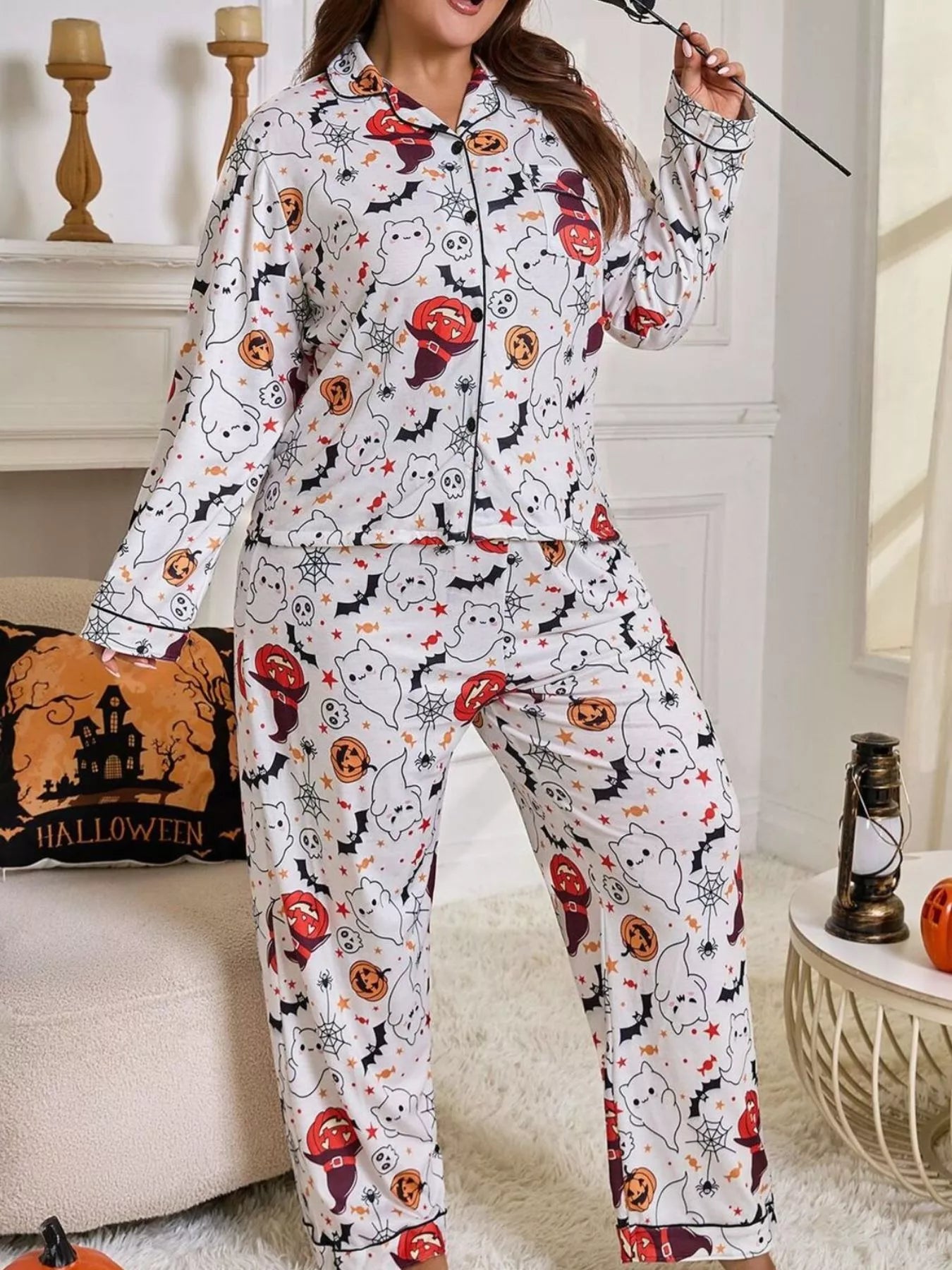 Trendsi Plus Size Halloween Ghost and Pumpkin Print Top and Pants Lounge Set -