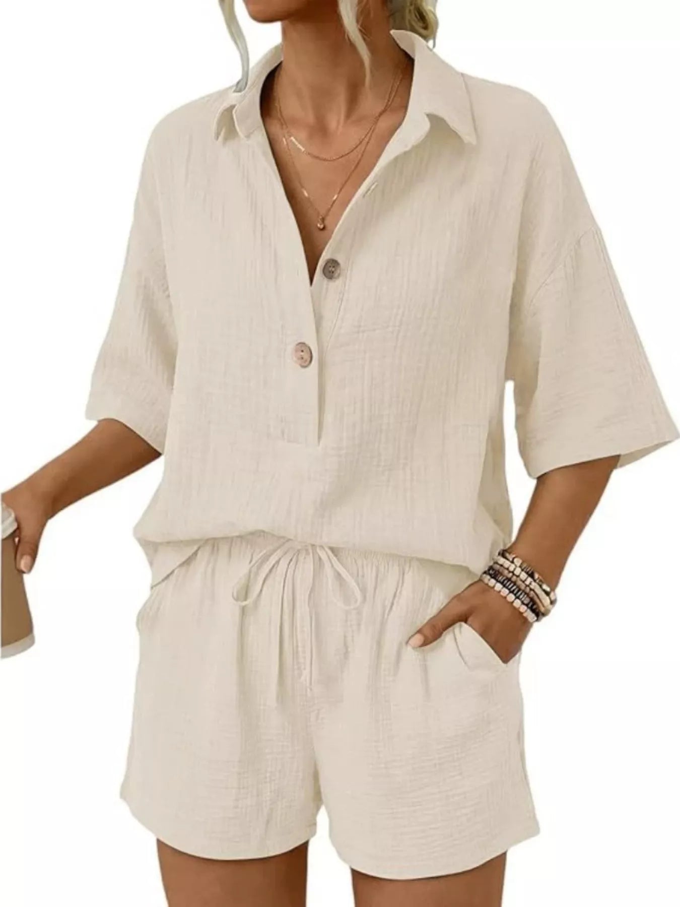 Trendsi Linen Button Front Short Sleeve Top and Shorts Set - Shorts