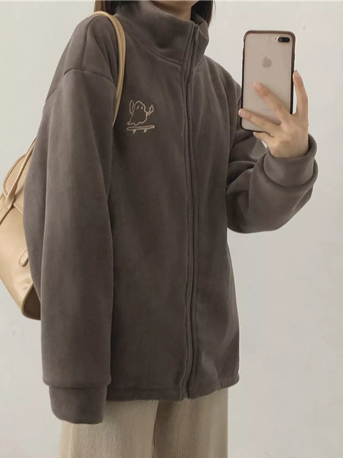 Brown fleece stand-collar zip-up jacket