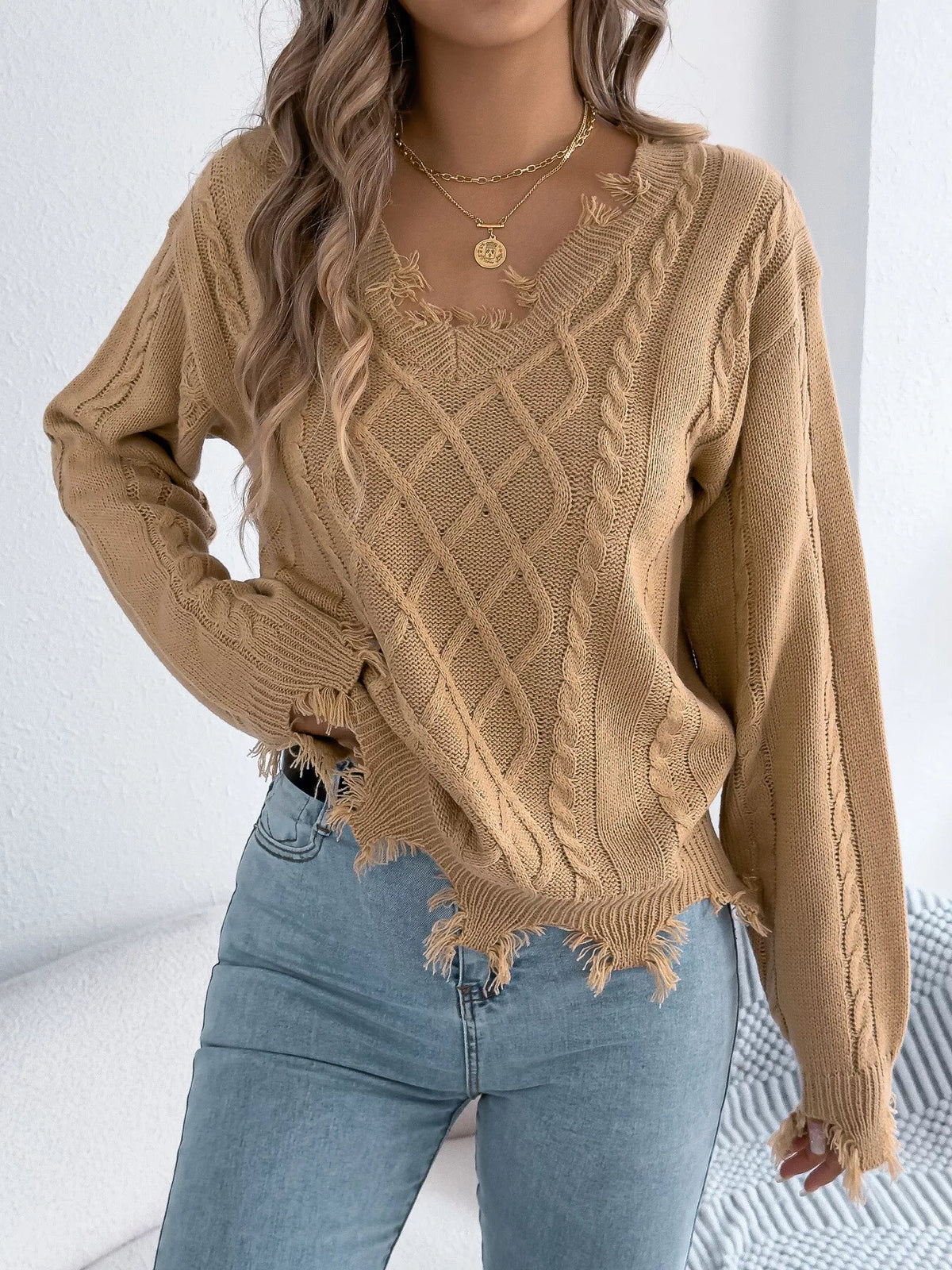 V-Neck Distressed Hem Cable Knit Sweater in camel, front view