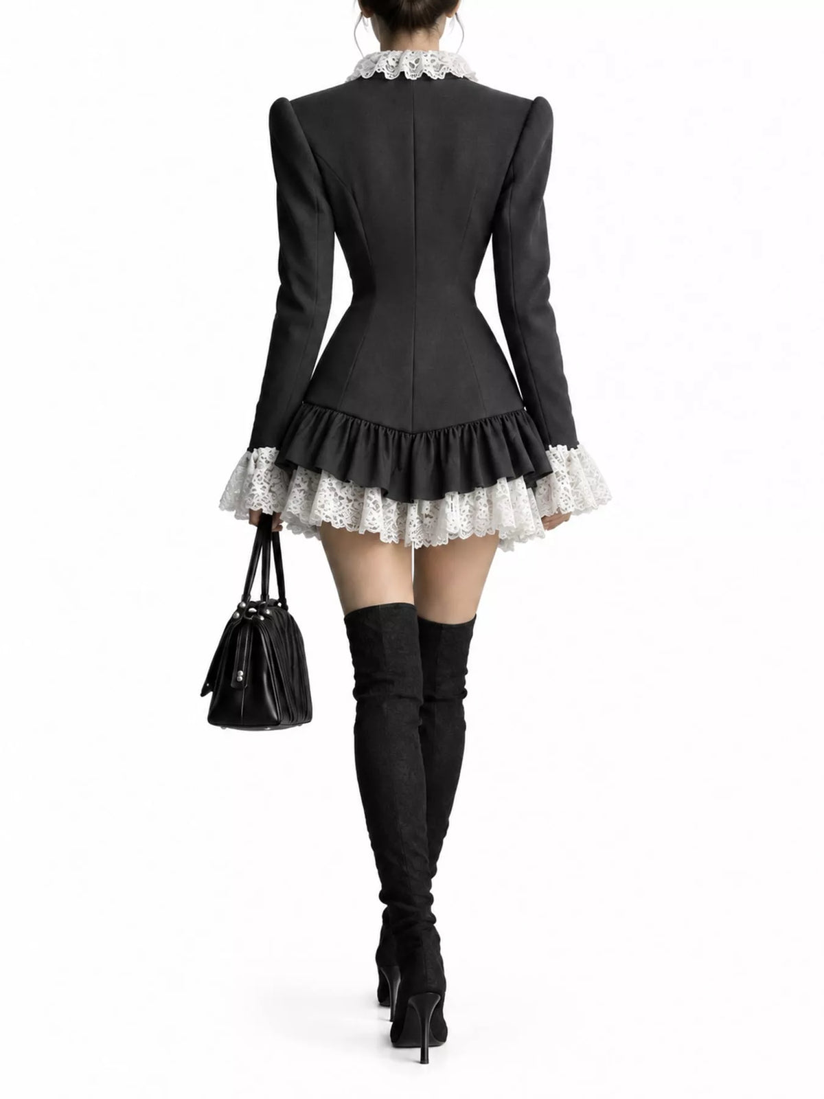 Black lace trim blazer dress, back view