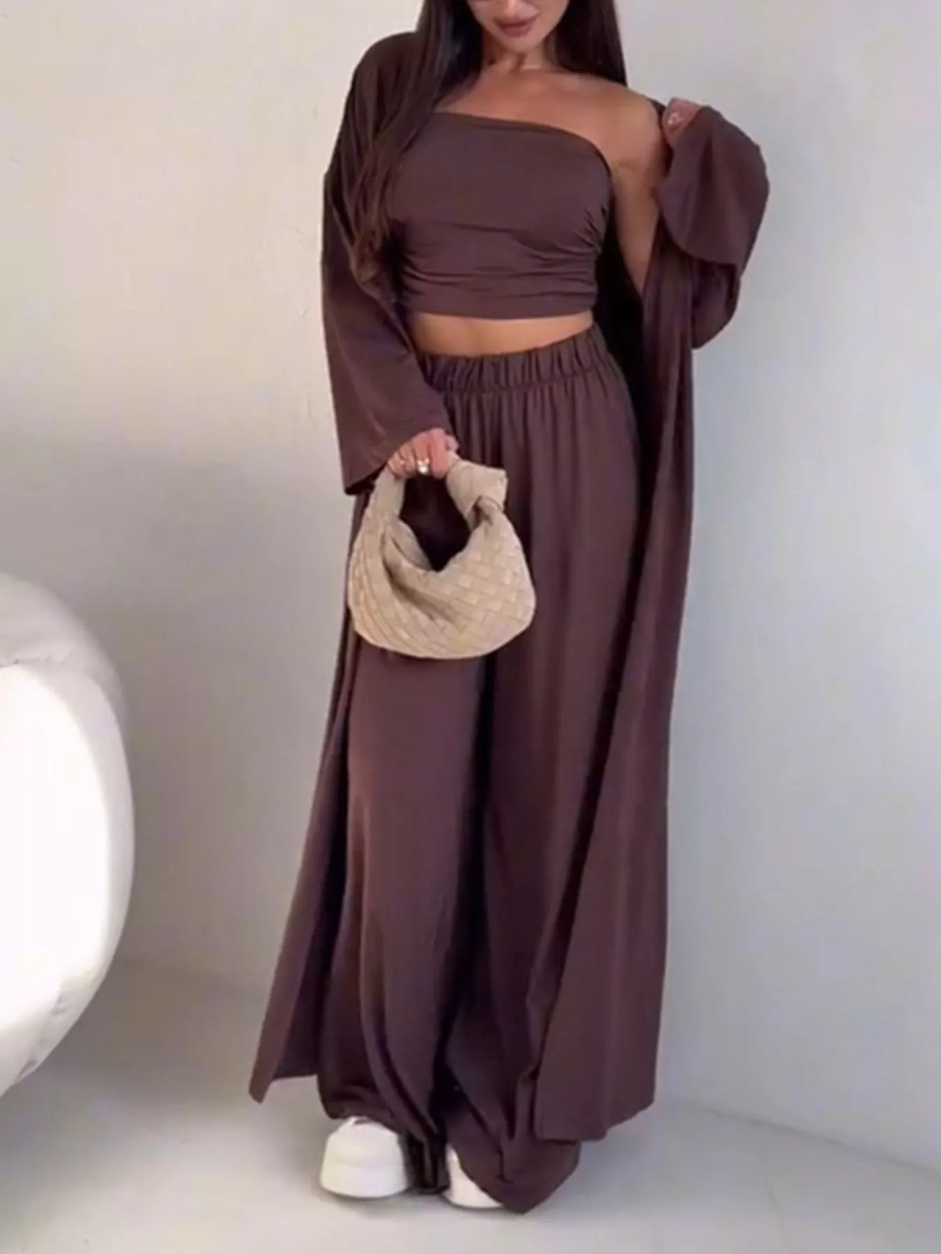 Trendsi Chic Strapless Ruched Crop Top and Wide-Leg Pants with Cardigan 3-Piece Set -