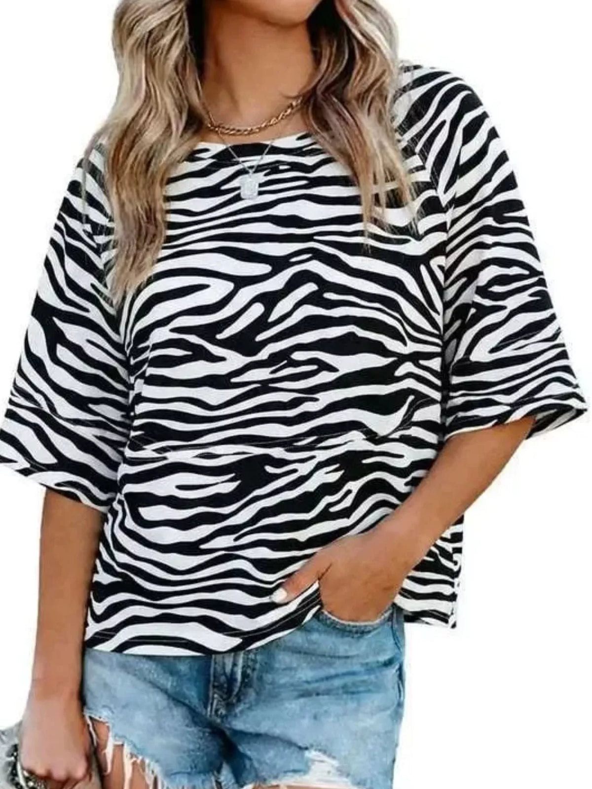 Printed Relaxed Fit T-Shirt in black and white zebra print, front view