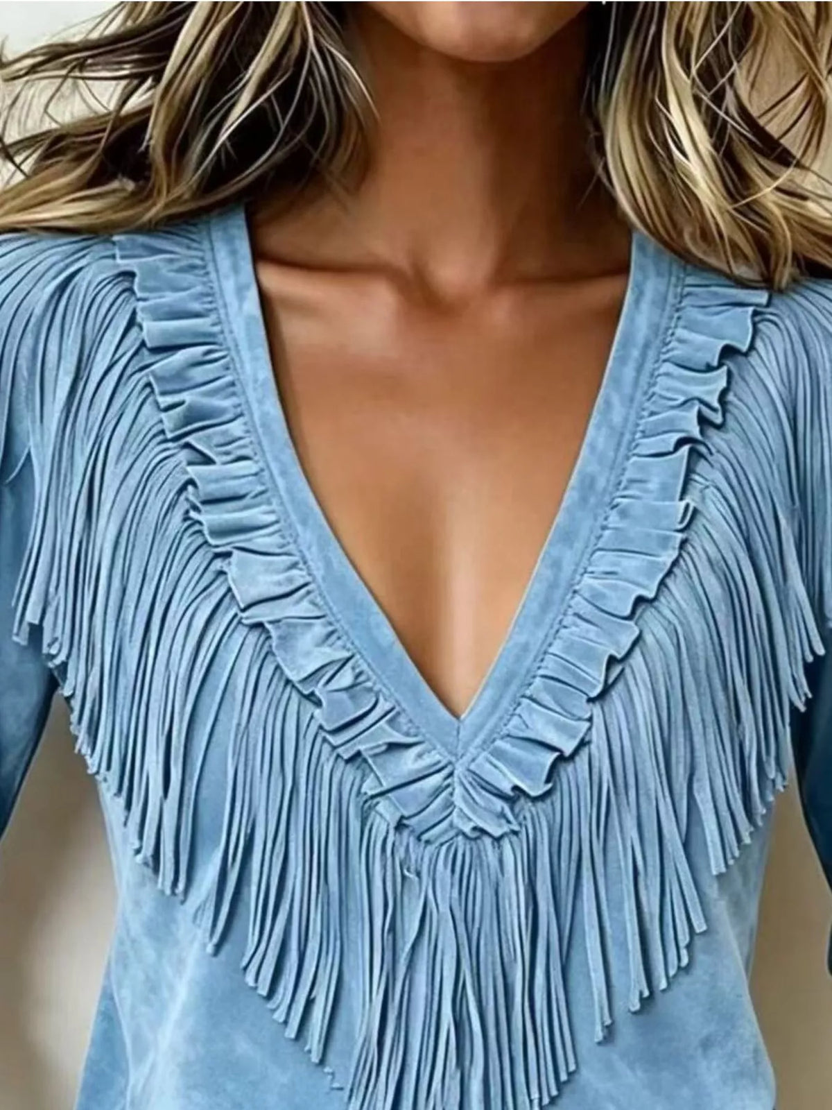 Fringed V-Neck Blouse in light blue, neckline detail