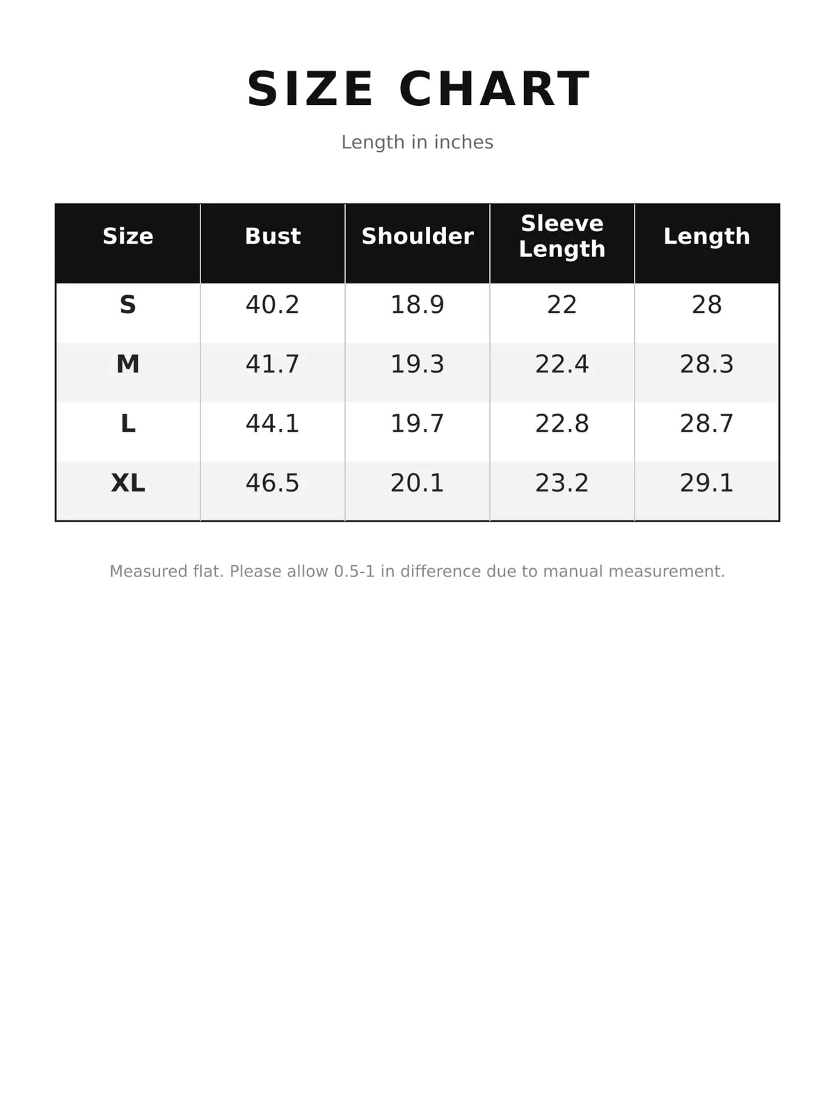 Size chart for lapel collar long sleeve denim blazer