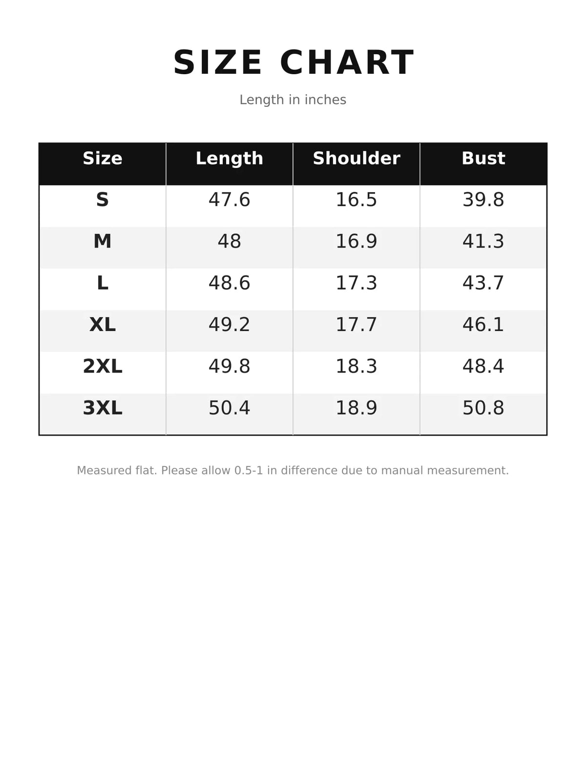 Size chart for long-sleeve button-down denim dress
