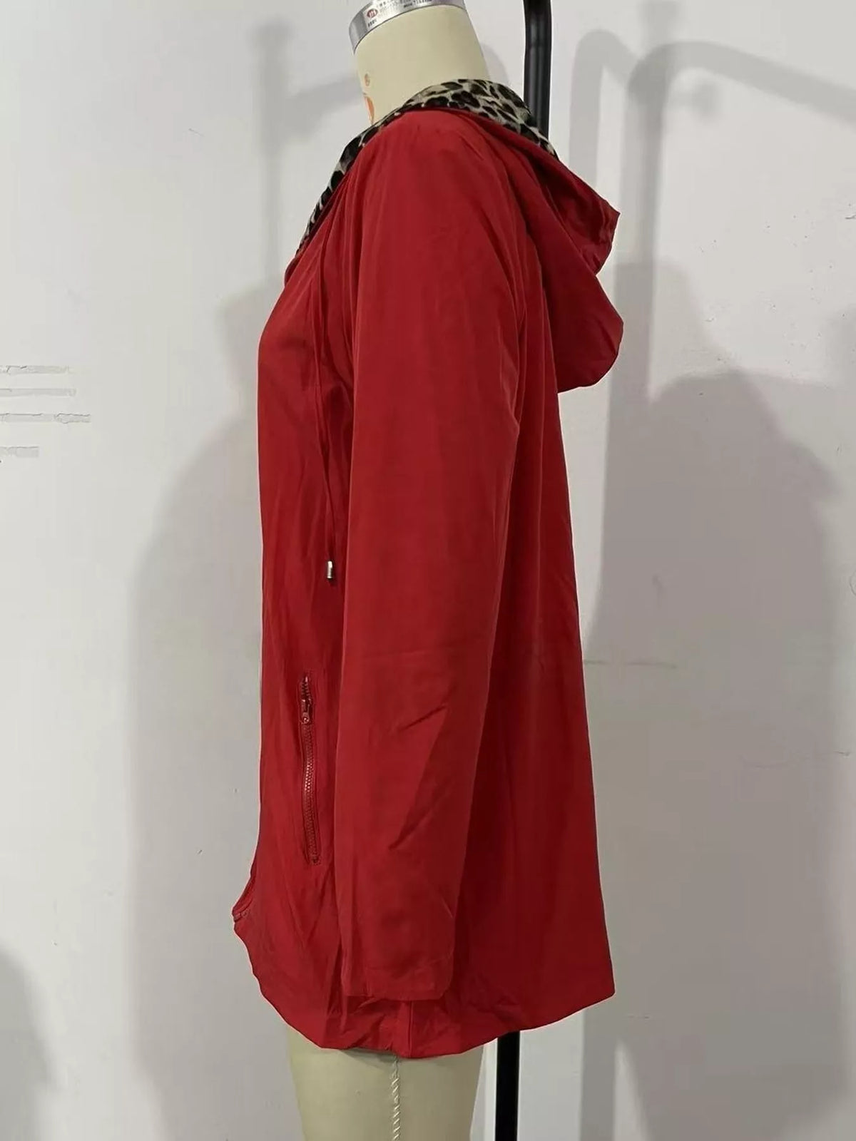 Red leopard print hooded drawstring-waist jacket