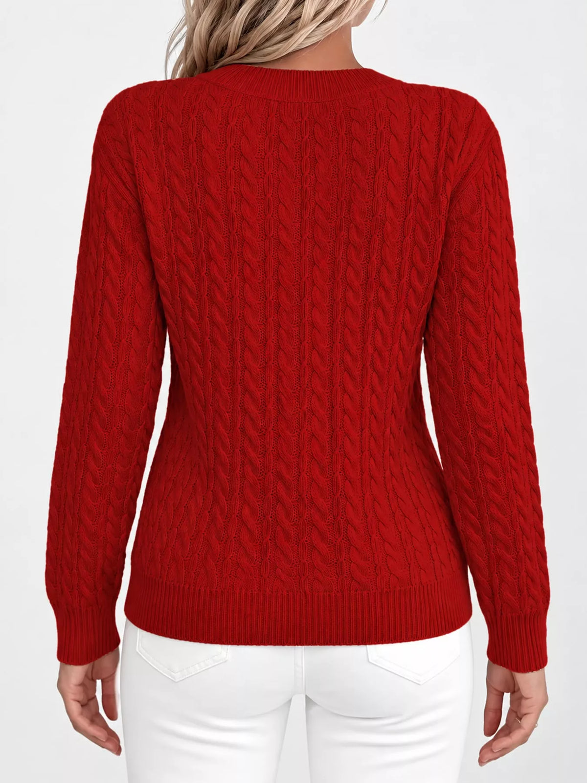 Red cable knit round neck sweater, back view
