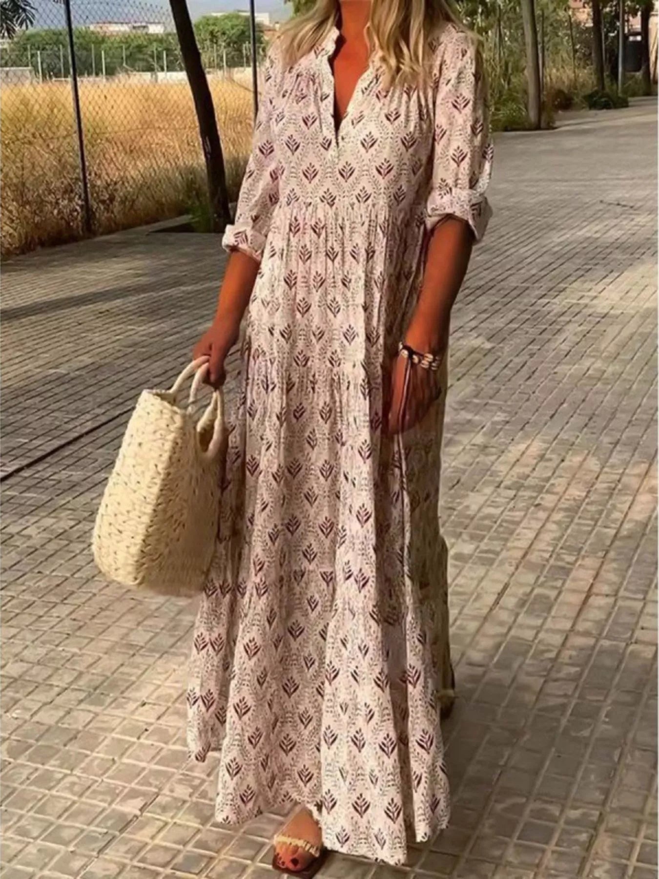 Printed notched tiered maxi dress
