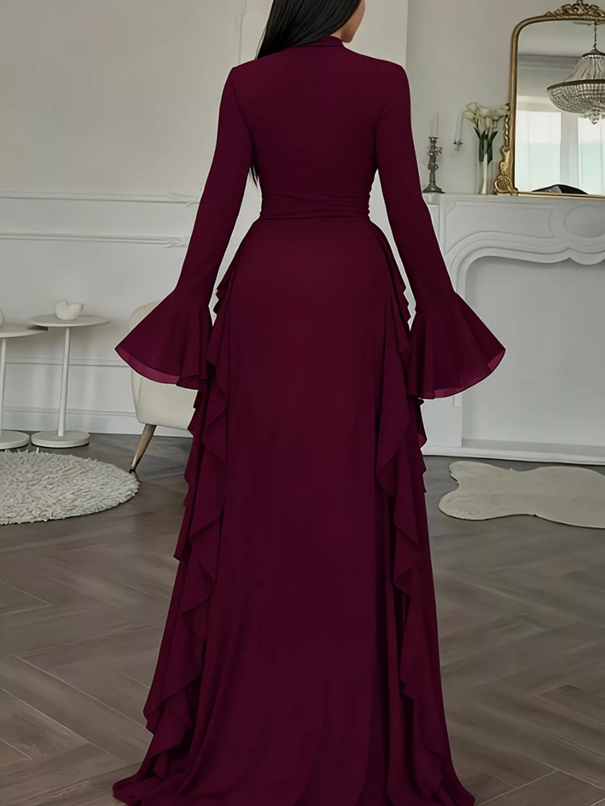 Mock neck long sleeve maxi dress, back view