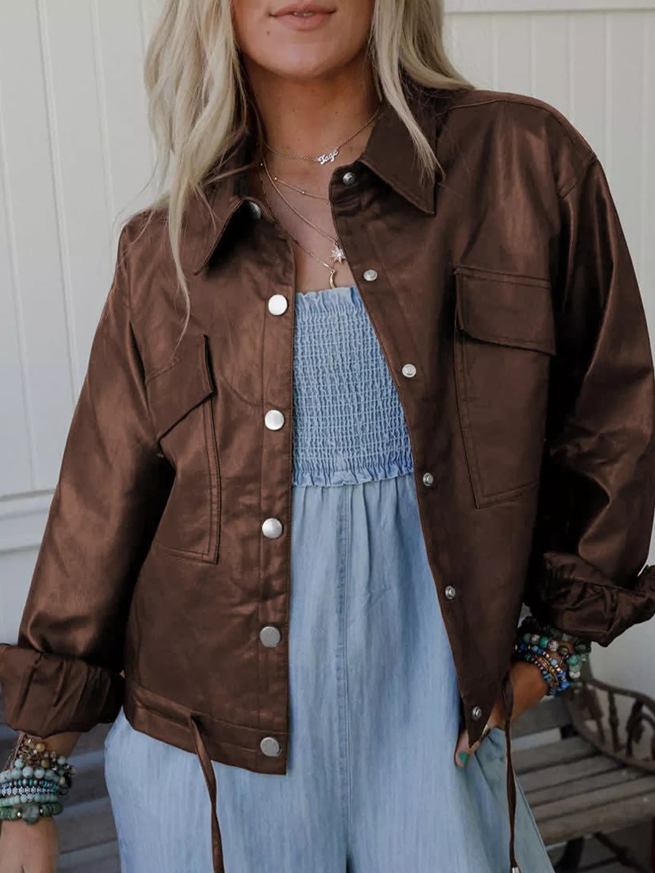 Trendsi Double Flap Pocket Drawstring Hem Leather Jacket -