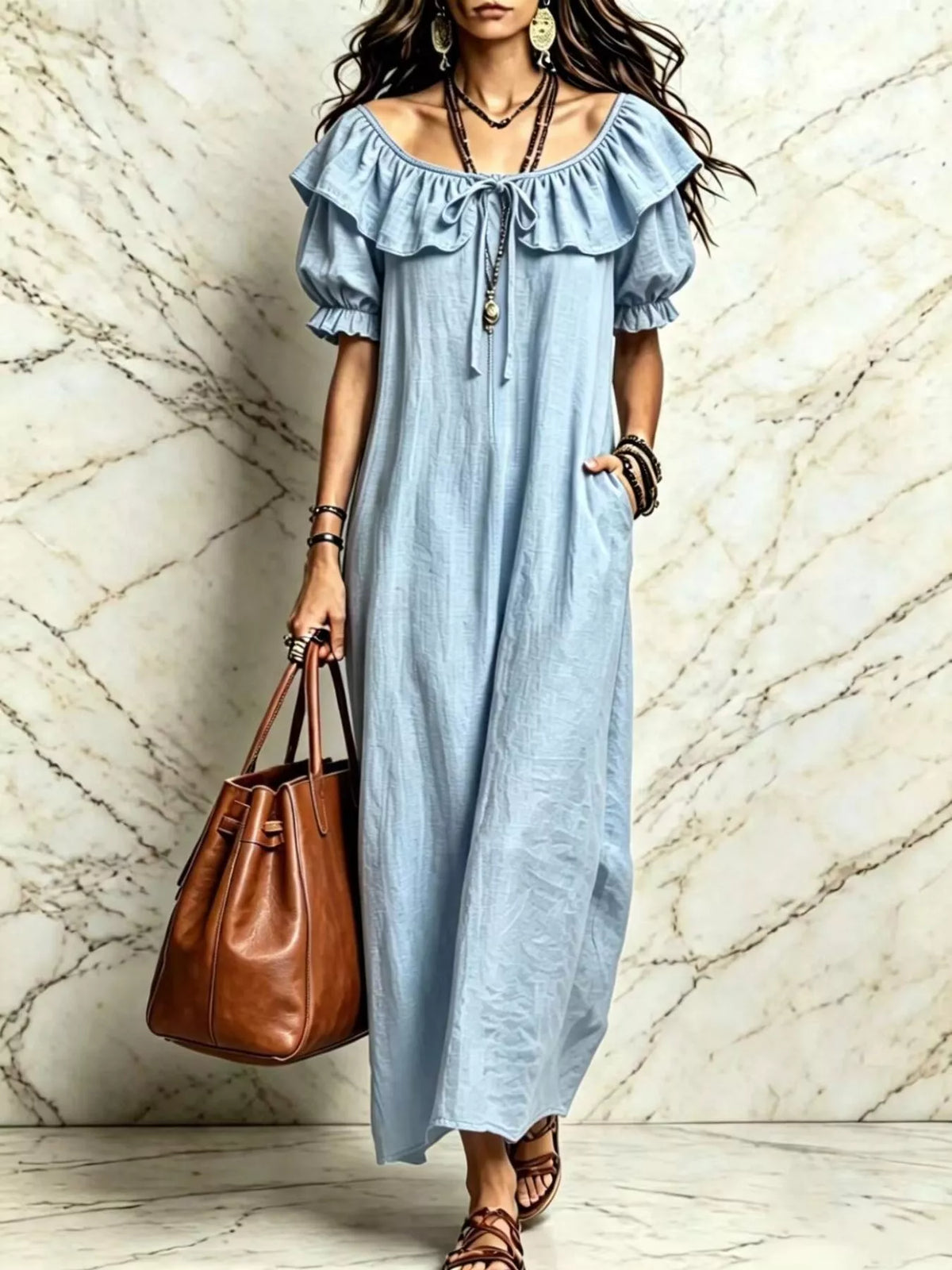 Women's Ruffle-Trim Off-Shoulder Puff-Sleeve Maxi Dress - front view