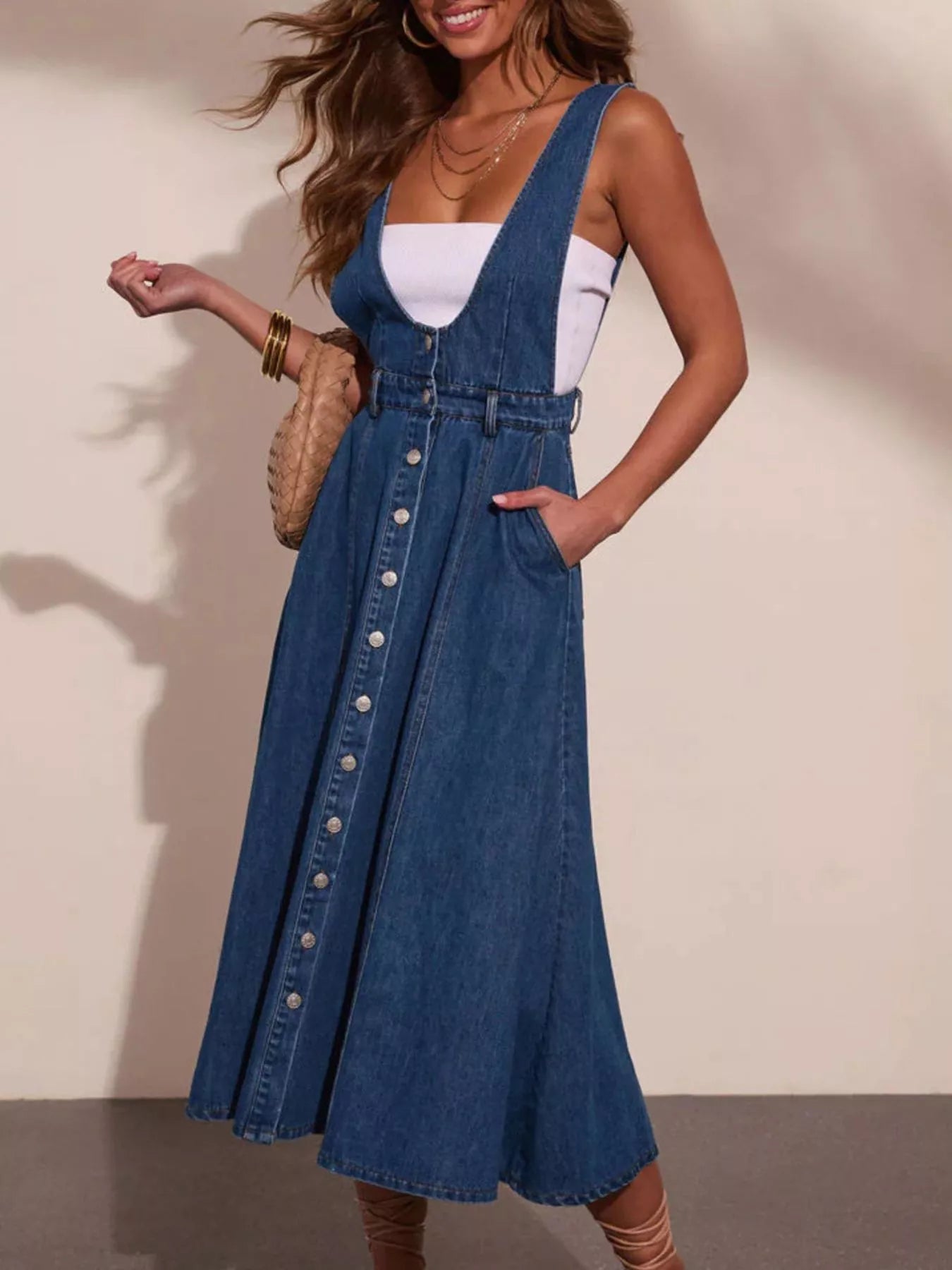 Trendsi Button Front Denim Overall Midi Dress -