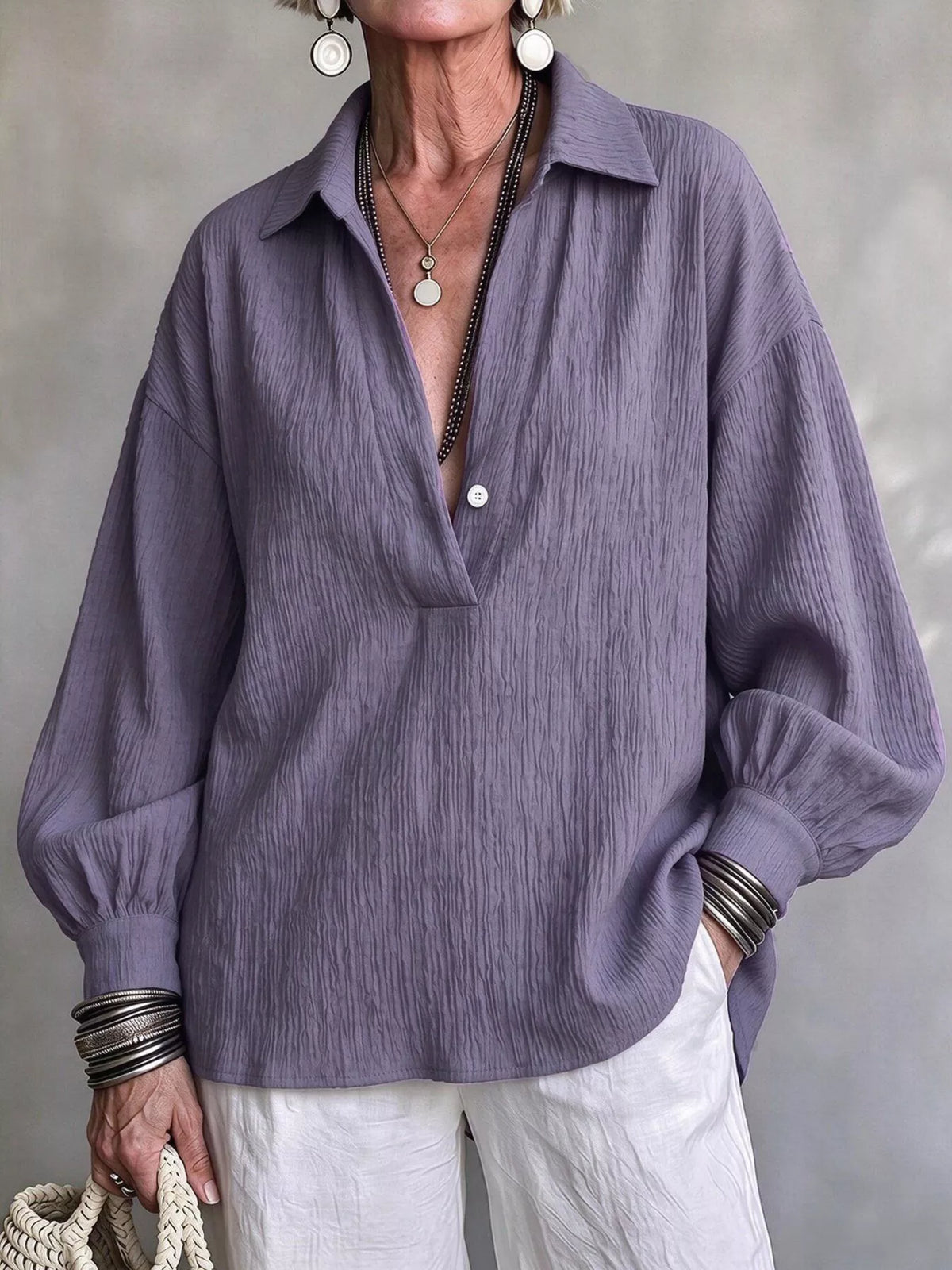 Women's Textured Lantern Sleeves Blouse in purple — front view