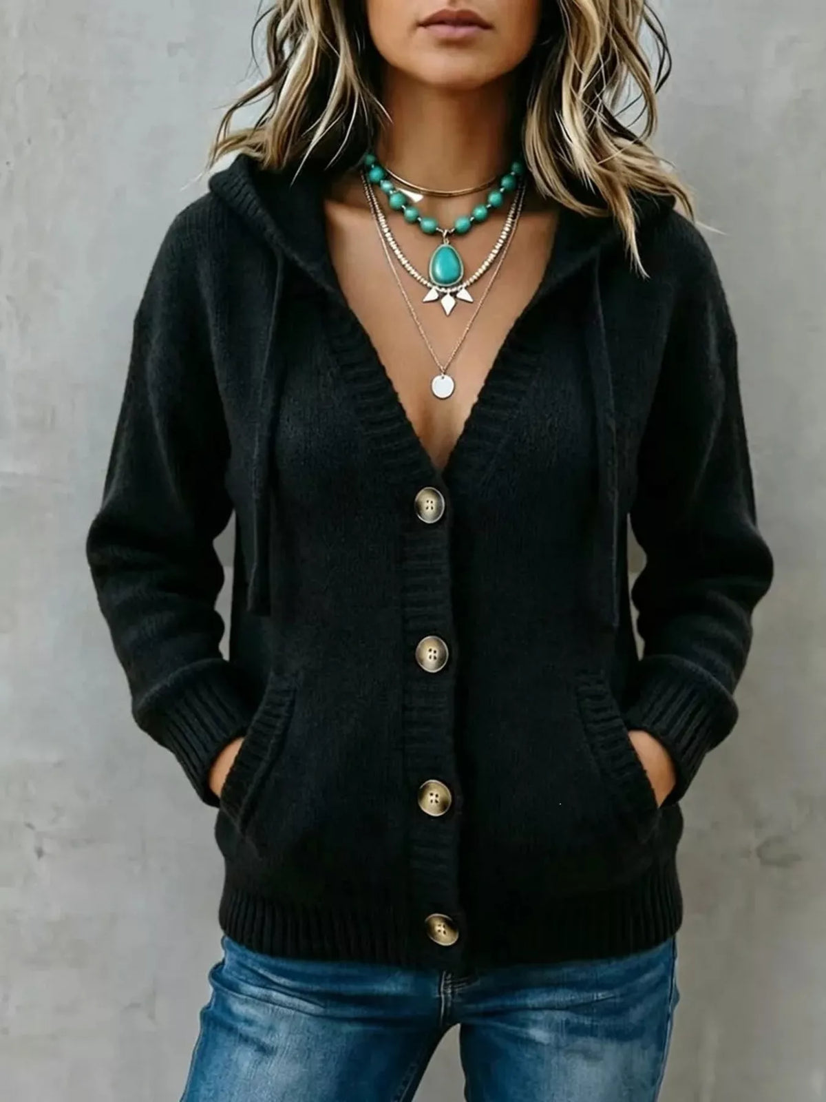 Women's Hooded Button-Down Knit Cardigan in black — front view