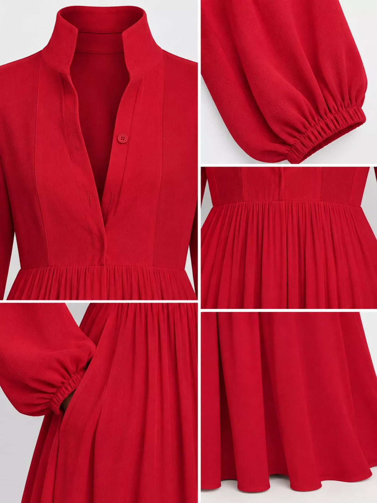 Red long sleeve button-front maxi dress, collar waist cuff and hem details