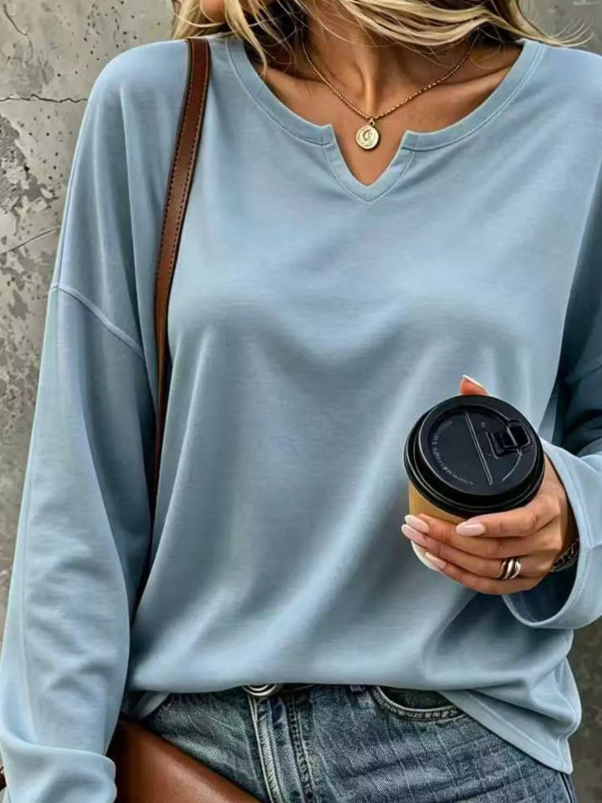 Light Blue Loose-Fit Notch Neck Long Sleeve T-Shirt neckline detail