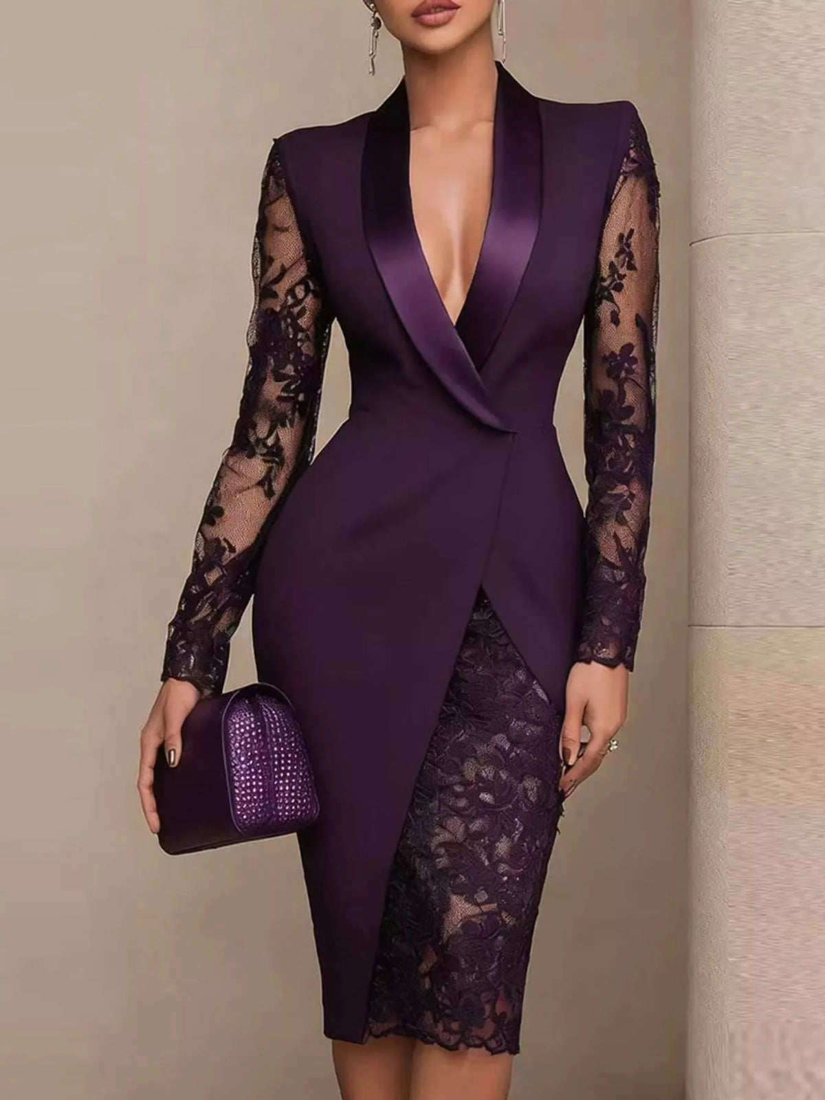 Lace-Sleeve Blazer Dress in purple, front view
