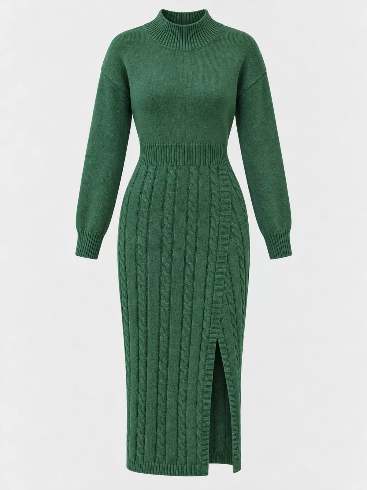 Women's Mock Neck Cable Knit Sweater Dress with Front Slit in green — flat lay view