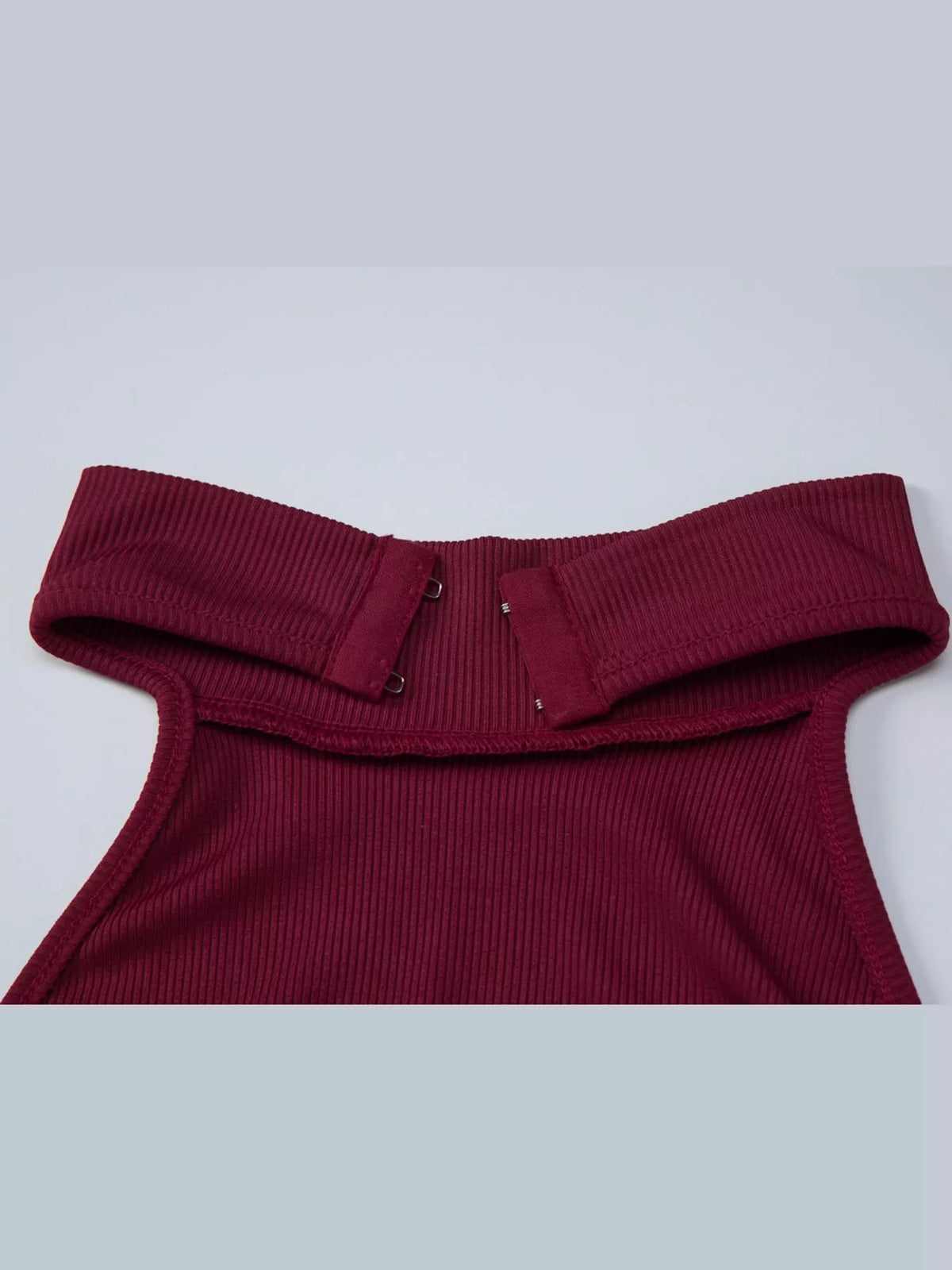 Backless Halter Neck Romper, detail view in burgundy
