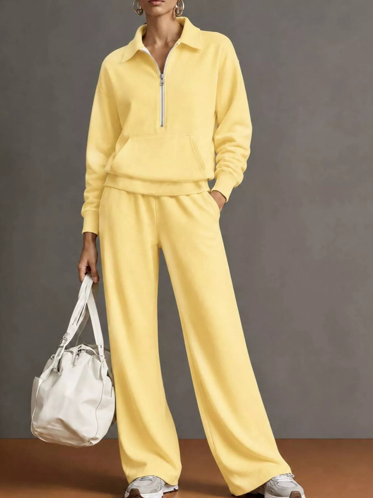 Half Zip Long Sleeve Top and Pants Set — front view