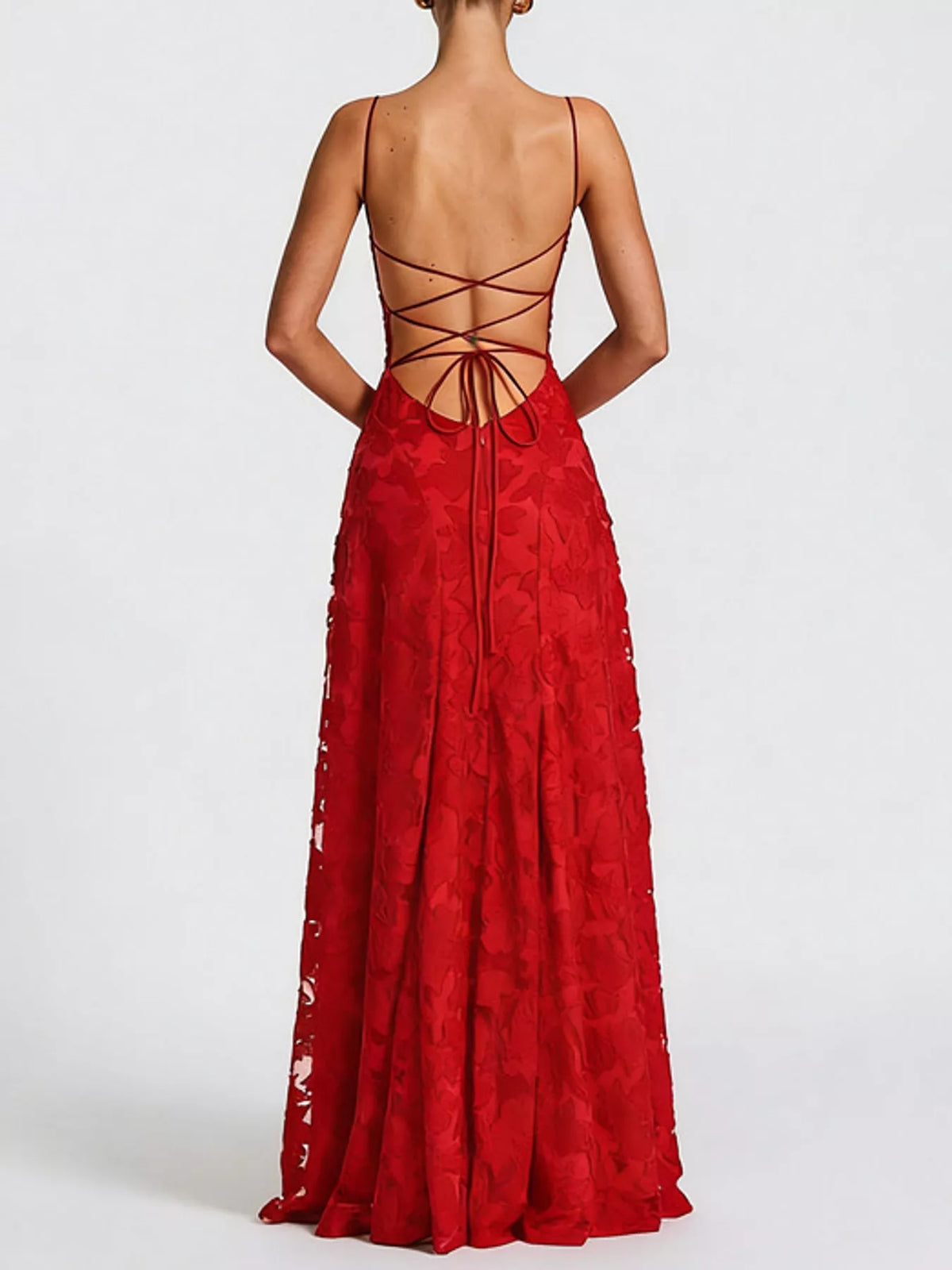 Red backless lace maxi dress, back view