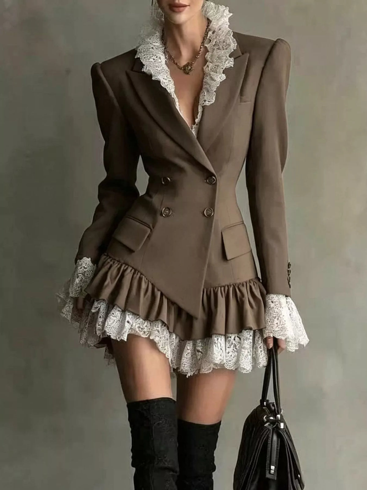 Collared long sleeve mini dress, front view on model