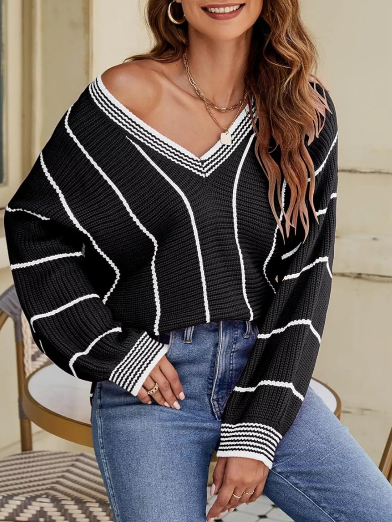 Trendsi V-Neck Striped Contrast Sweater -