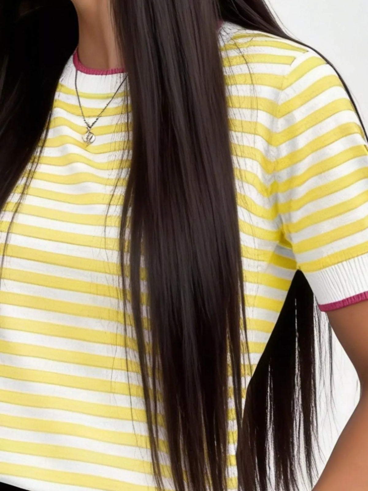 Trendsi Contrast Trim Striped Short Sleeve Knit Top -